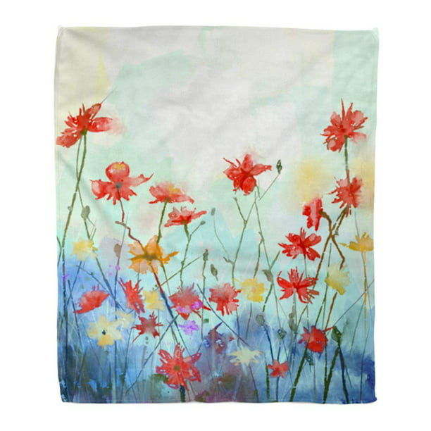 Watercolor Red Rose Flowers with Green Leaves Throw Blanket Super Soft Fuzzy Plush TV Blankets for Living Room Bedroom Bed Couch Chair Lightweight Cozy Warm Throws Blue Pool 
